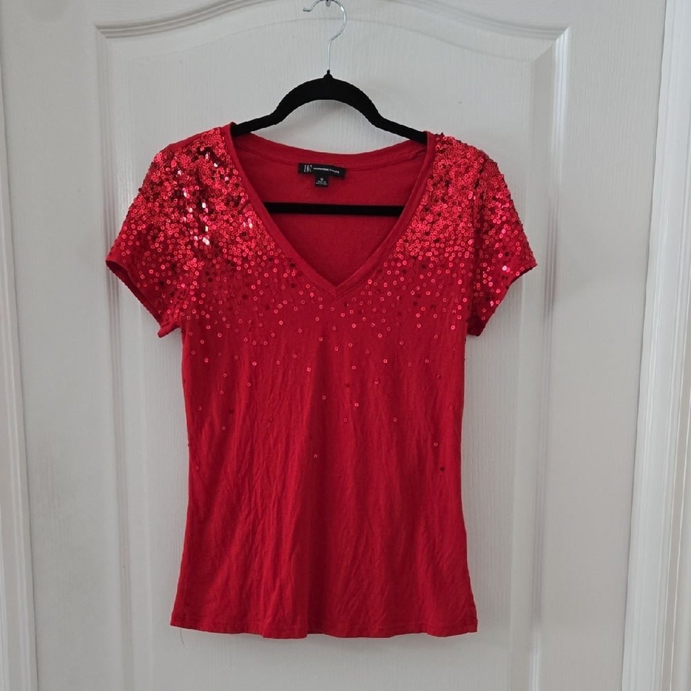 INC International Concepts Red Sequin Short Sleeve Top